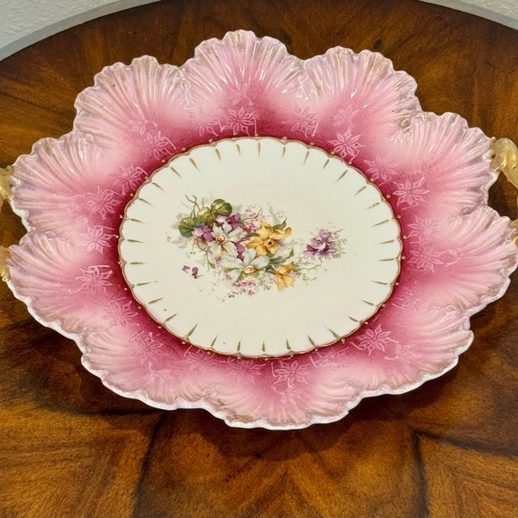 Antique Pink Floral Porcelain Decorative Cake Plate with Handles 12” - Picture 5 of 12